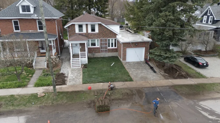 Aerial view of a Bouwers Design Landscaping job site in North Bay.