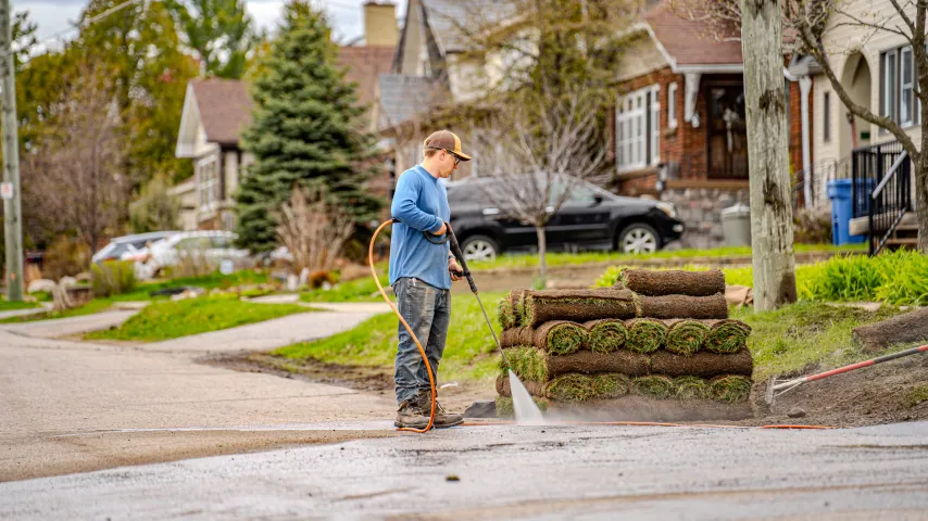 Sod rolls staged for installation.