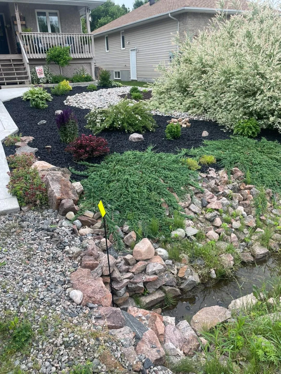 Mature North Bay landscape design with river-rock dry creek, mulched beds, and integrated foundation stones.
