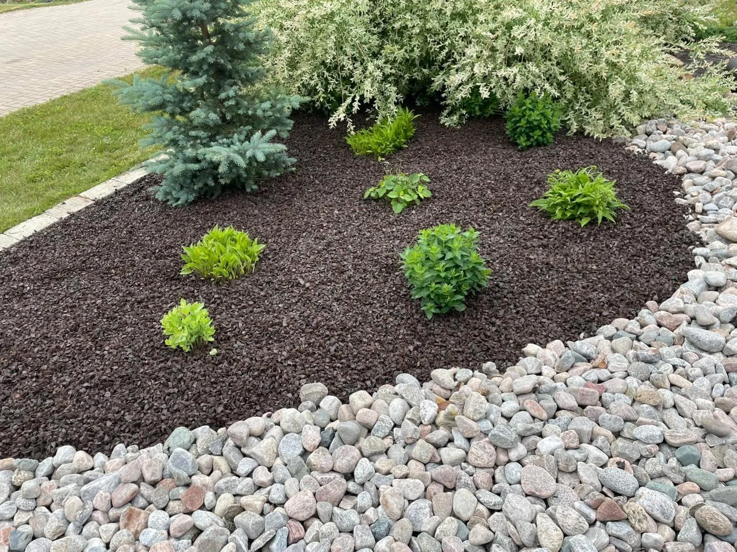 Curved garden bed with rubber mulch, river-rock edge, and dwarf shrubs on a Bouwers Design Landscaping residential install in North Bay, Ontario.