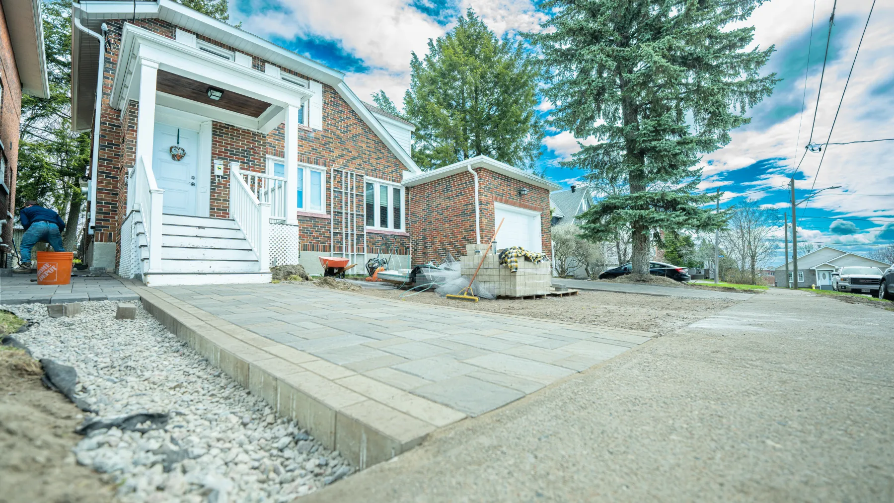Low-angle view of a finished walkway and approach apron in North Bay, Ontario.